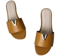Fryloo slippers Women's Black V-metal Accent Slide Sandals, Open Toe Flat One-strap Slides, Elegant Casual Beach Shoes For Daily-brown-36-cn