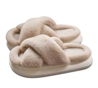 Fryloo slippers Women's Platform Rabbit Fur Memory Foam Fluffy Slides Non-slip Silent Indoor Winter House Shoes Plus Size-khaki-42-43