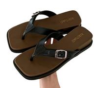 Fryloo slippers Women's Square Toe Wedge Flip Flops, Adjustable Buckle Color Block Sandals, Non-slip Beach Shoes For Outdoor Travel Daily-black-40-41