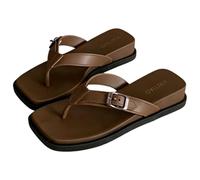 Fryloo slippers Women's Square Toe Wedge Flip Flops, Adjustable Buckle Color Block Sandals, Non-slip Beach Shoes For Outdoor Travel Daily-brown-40-41