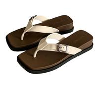 Fryloo slippers Women's Square Toe Wedge Flip Flops, Adjustable Buckle Color Block Sandals, Non-slip Beach Shoes For Outdoor Travel Daily-apricot-40-41