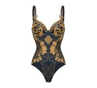 Fryloo swimsuit Women Baroque Print Set, Deep V Neck Sleeveless Monokini, Luxury Slimming Bathing Suit For Beach Pool Vacation
