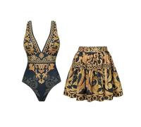 Fryloo swimsuit Women Baroque Print Set, Deep V Neck Sleeveless Monokini, Luxury Slimming Bathing Suit For Beach Pool Vacation
