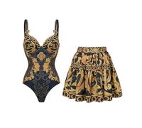 Fryloo swimsuit Women Baroque Print Set, Deep V Neck Sleeveless Monokini, Luxury Slimming Bathing Suit For Beach Pool Vacation