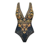 Fryloo swimsuit Women Baroque Print Set, Deep V Neck Sleeveless Monokini, Luxury Slimming Bathing Suit For Beach Pool Vacation