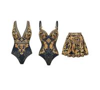 Fryloo swimsuit Women Baroque Print Set, Deep V Neck Sleeveless Monokini, Luxury Slimming Bathing Suit For Beach Pool Vacation