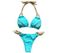 Fryloo swimsuit Women Turquoise Braided Bikini, Triangle Halter Top With Resin Ring & High Cut Bottom, Boho 2 Piece Bathing Suit