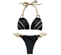 Fryloo swimsuit Women Turquoise Braided Bikini, Triangle Halter Top With Resin Ring & High Cut Bottom, Boho 2 Piece Bathing Suit