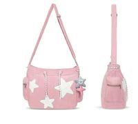 Fryloo tote bag ；makeup Corduroy Star Embroidery Crossbody Bag, Multi-pocket With Adjustable Strap, Soft Daily Purse For Women In Pink Or White-pink-1pc