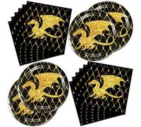 Frypeas 40pcs Dragon Fantasy Party Plates and Napkins, Black and Gold, Paper Construction, Medium Size, Dinner Plates and Napkins Set, Party & Event