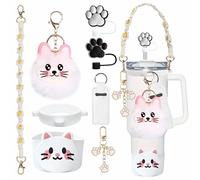FRZSHENG 8Pcs Cat-Themed Cup Accessories for Stanley Tumbler, Includes Cat Paw Straw Topper, Water Bottle Handle, Boot, Fluffy Cat Face Charms, Keychain and Lip Balm Sleeve (White)