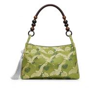 FRZTOUR Lime Green Jacquard Crane Pattern Clutch Handbag with Wooden Bead Handle