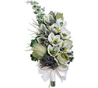 FRZXBKW 9.8" Cascading Bridal Bouquet, White & Green Roses with Ribbons Artificial Wedding Bouquet for Bride Waterfall Flowers for Wedding Ceremony Anniversary Bunch Decorations