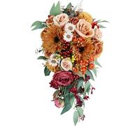 FRZXBKW 9.8" Orange Sunflower Cascading Wedding Bouquets for Bride Burnt Cascade Bridal Bouquet for Wedding Ceremony Anniversary, Bridal Shower, Party and French Rustic Vintage Wedding