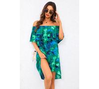Fs Collection Abstract Floral Print Bardot Frill Off Shoulder Mini Dress In Green Green XL
