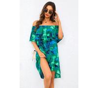 FS Collection Abstract Floral Print Bardot Frill Off Shoulder Mini Dress In Green - M - Green