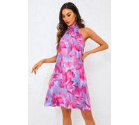 Fs Collection Abstract Floral Print Halter Neck Tie Back Mini Dress In Pink Pink
