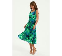 FS Collection Abstract Floral Print Heart Neck Midi Green - L - Green