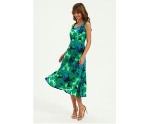 FS Collection Abstract Floral Print Heart Neck Midi Green - XS - Green
