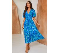 Fs Collection Abstract Floral Print Lace Detail Angel Sleeve Maxi Dress In Blue Blue S
