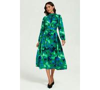 FS Collection Abstract Floral Print Long Sleeve Midi Dress In Green - M - Green