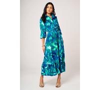 Fs Collection Abstract Floral Print Shirt Midi Dress With Ruffled Hem In Blue Blue