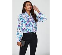 Fs Collection Abstract Floral Print Tie Detail Long Sleeve Blouse Top In Blue In White White