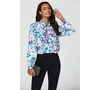 FS Collection Abstract Floral Print Tie Detail long sleeve Blouse Top In Blue - S - Blue