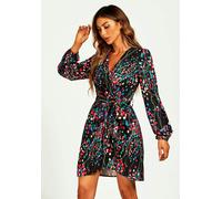 FS Collection Abstract Floral Print Wrap Mini Dress In Black - 10 - Black