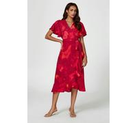 FS Collection Abstract Print Angel Sleeve Wrap Midi Dress In Red - S - Red