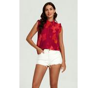 FS Collection Abstract Print Frill Trim Sleeve Frill Neck Blouse Top In Red - M - Red