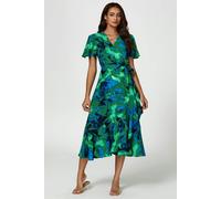 FS Collection Abstract Print Midi Wrap Dress In Green - S - Green