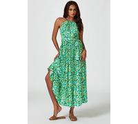 Fs Collection Abstract Print Tie Halterneck Maxi Dress In Green Green