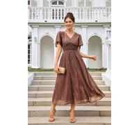 FS Collection Angel Sleeve Gold Stripe Foil Midi Dress In Brown - Brown - M