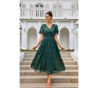 FS Collection Angel Sleeve Gold Stripe Foil Midi Dress In Green - L - Green