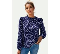 FS Collection Animal Print Frill Detail High Neck Top In Navy - XL - Navy