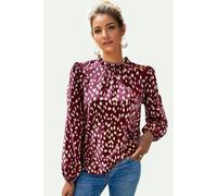 FS Collection Animal Print Frill Detail High Neck Top In Wine - M - Wine