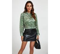 Fs Collection Animal Print Satin Long Sleeve High Neck Top In Green Green