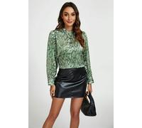 FS Collection Animal Print Satin Long Sleeve High Neck Top In Green - S - Green