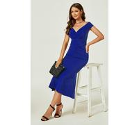 FS Collection Bardot Pleated Midi Dress In Royal Blue - S - Royal Blue