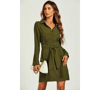 Fs Collection Belted Long Sleeve Mini Shirt Dress In Olive Olive
