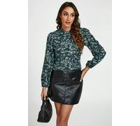 FS Collection Bird & Floral Print Frill Detail High Neck Top In Green - XL - Green