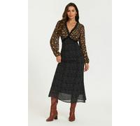 FS Collection Black Dot & Brown Leopard Print Long Sleeve Maxi Dress - XL - Black