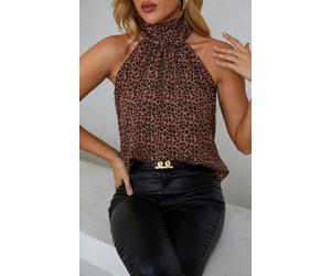 FS Collection Black Leopard Print Halter Neck Tie Back Top In Rusty Red - L - Red