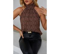 FS Collection Black Leopard Print Halter Neck Tie Back Top In Rusty Red - M - Red
