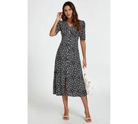 Fs Collection Black Little Floral Print Midi Dress With Front Button Closure Black