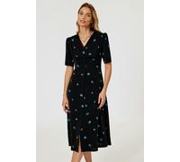 FS Collection Blue Floral Print Button Front Midi Dress In Black - XS - Black