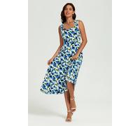 Fs Collection Blue Floral Print Heart Neck Midi Dress In White White