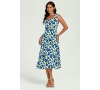 FS Collection Blue Floral Print Heart Neck Midi Dress - L - Blue