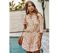 FS Collection Boho Playsuit With Buttons In Cream & Peach Floral Print - Nude&Rose - 14-16